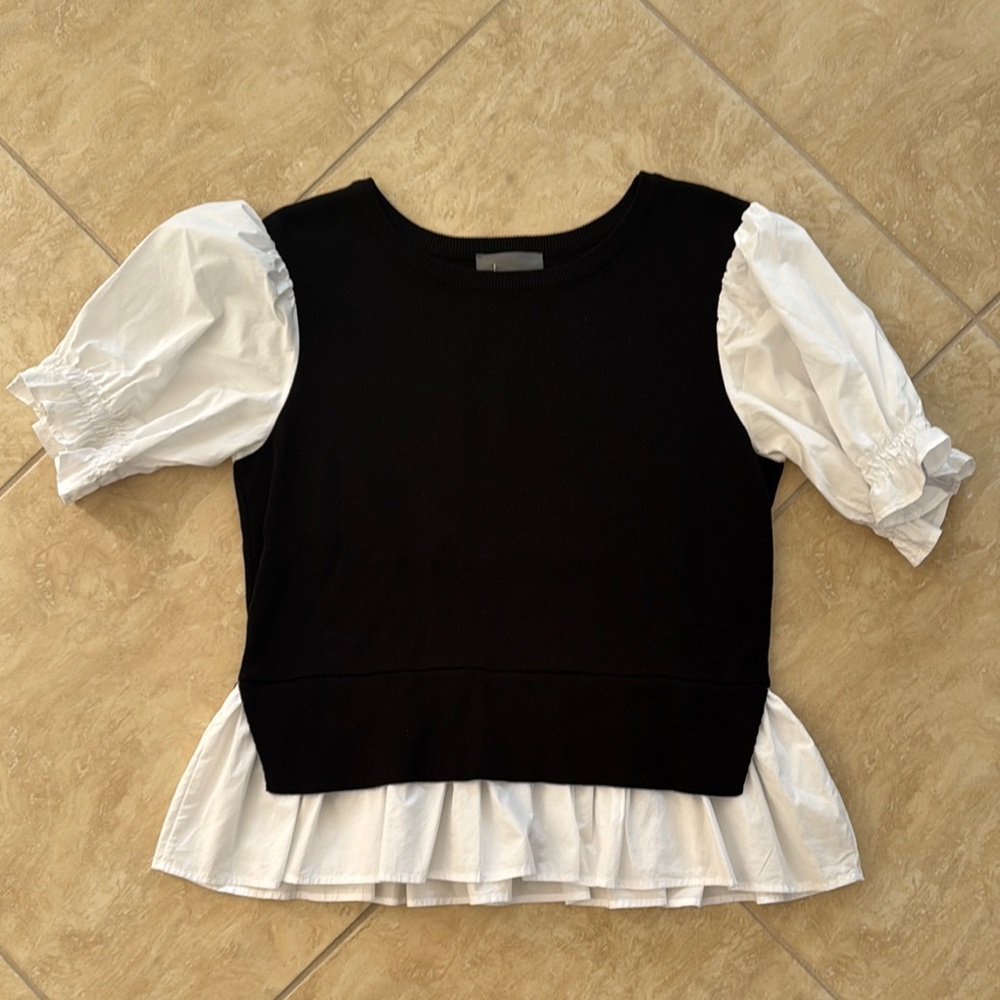 Anthropologie Black and White Puff Sleeve Top